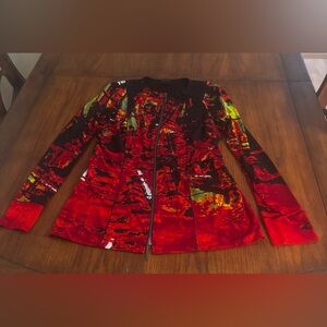 EVA VARRO Large Slinky Stretch Artsy Abstract Print LS Zippered Top Jacket multi